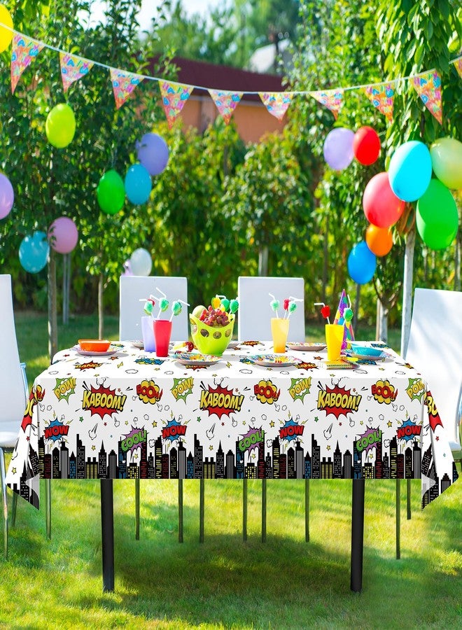 KEASKELL 3Pcs Hero Themed Birthday Party Tablecloths Decorations,White Cityscape Super Bang Plastic Table Cover Disposable Rectangle Table Cloth for Baby Shower Kids Boys Birthday Party Supplies,54x108 Inch - Image 5